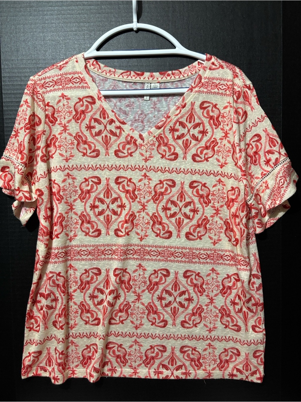 Cato Red and Cream V-Neck Short Sleeve Top With Ruffle Sleeves
